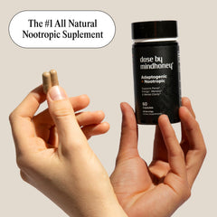 MINDHONEY DOSE capsules closeup emphasizes convenient capsules for on-the-go energy.