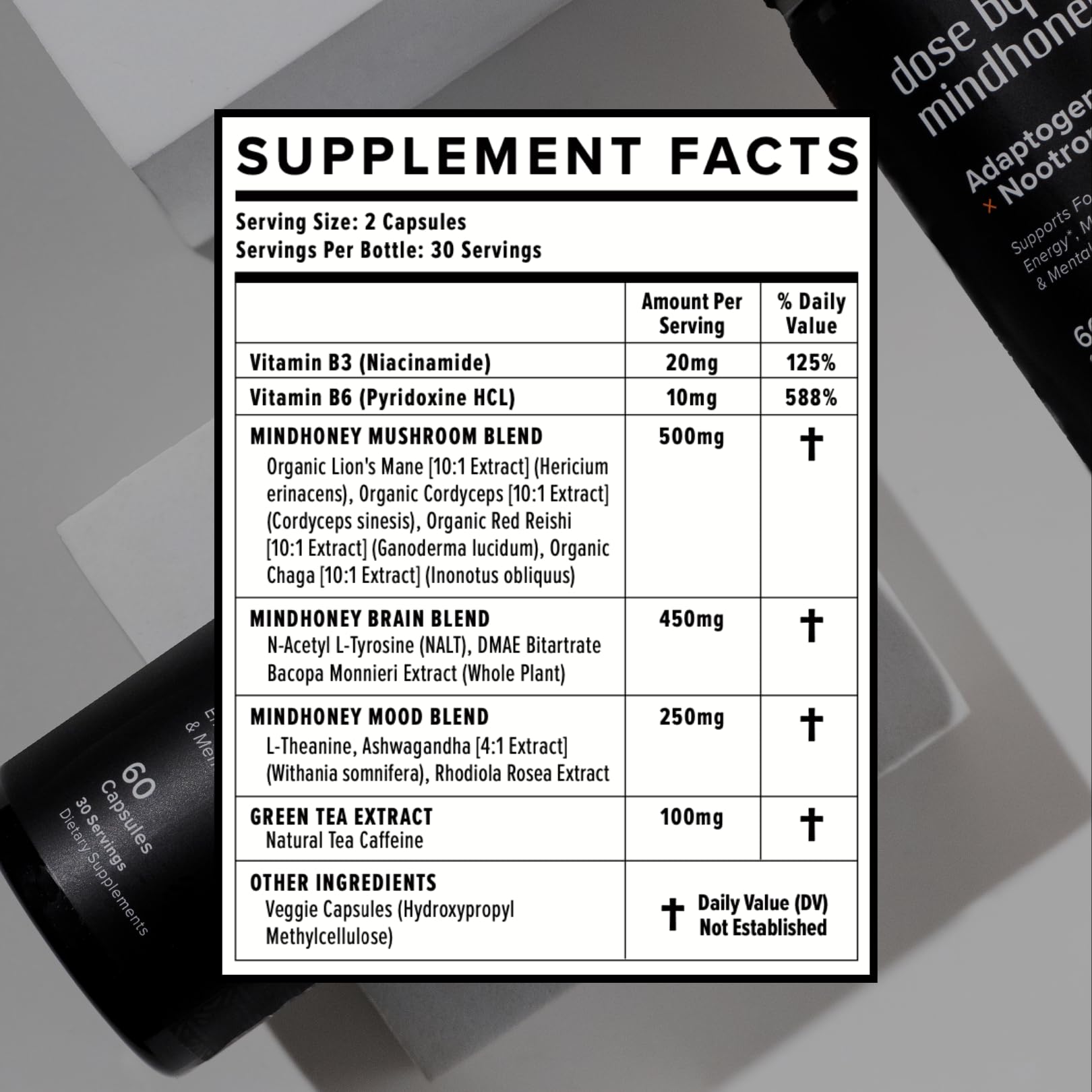 MINDHONEY DOSE ingredients scene spotlights Lion's Mane, Cordyceps, and Bacopa.
