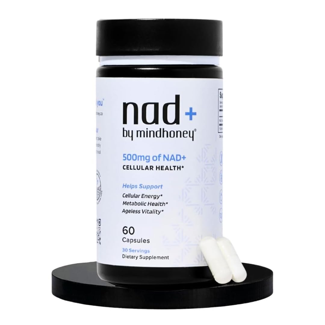 MindHONEY NAD+ bottle front showing premium 500 mg brain support.