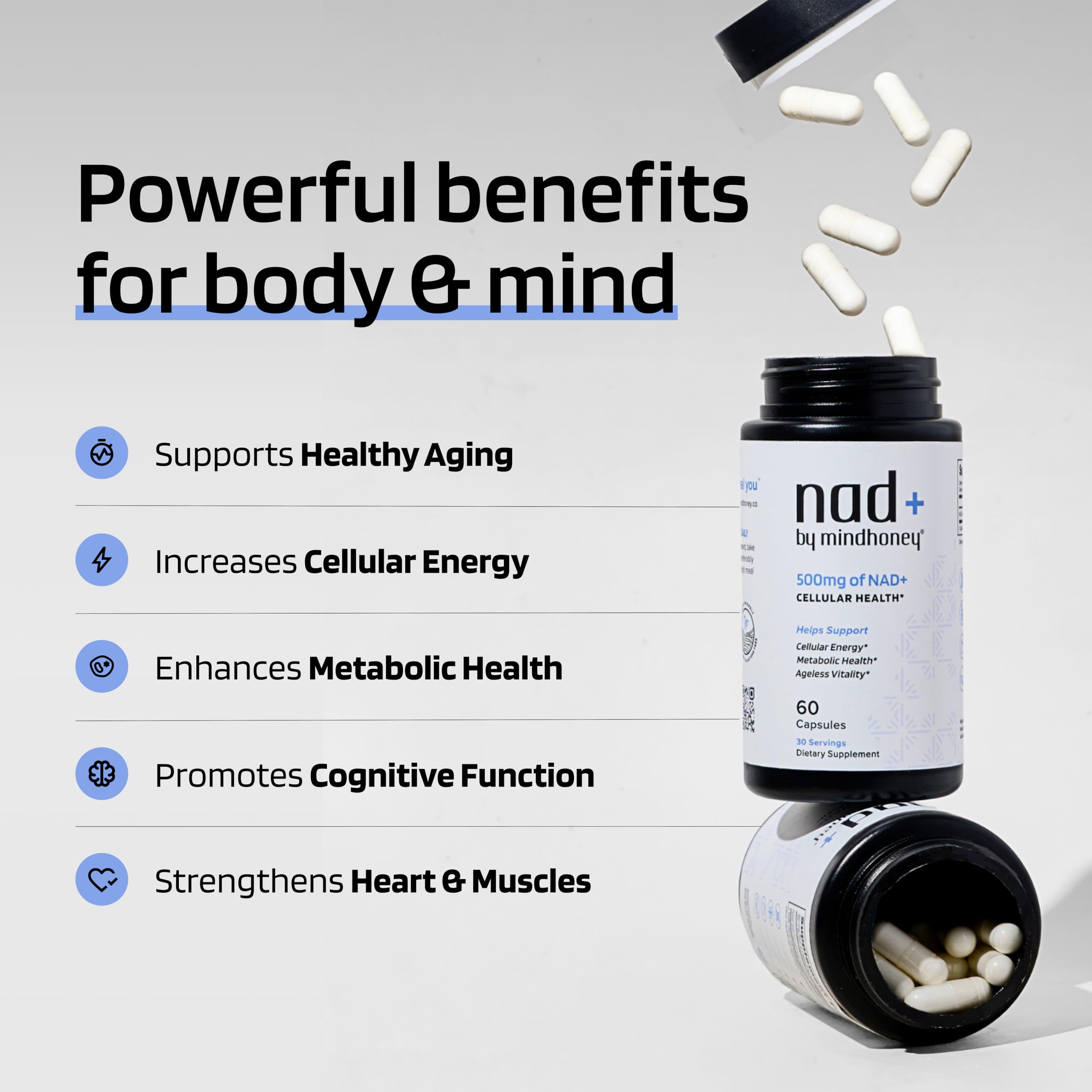 MindHONEY NAD+ bottle label highlights vegan, non-GMO quality.