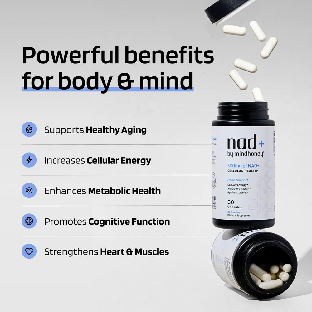 MindHONEY NAD+ bottle label highlights vegan, non-GMO quality.