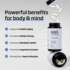 MindHONEY NAD+ bottle label highlights vegan, non-GMO quality.