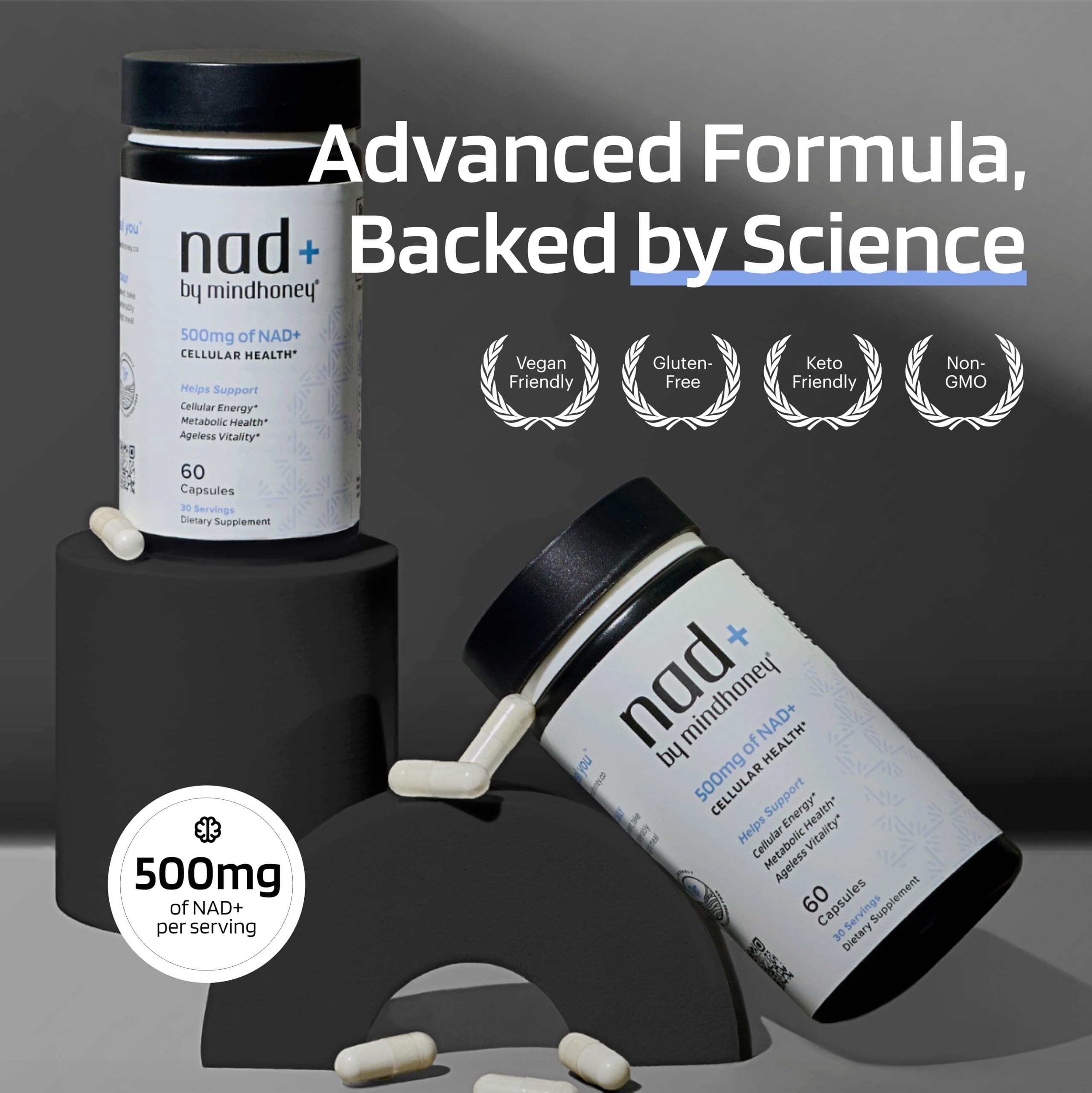 Closeup of NAD+ capsules from MindHONEY for clean energy.