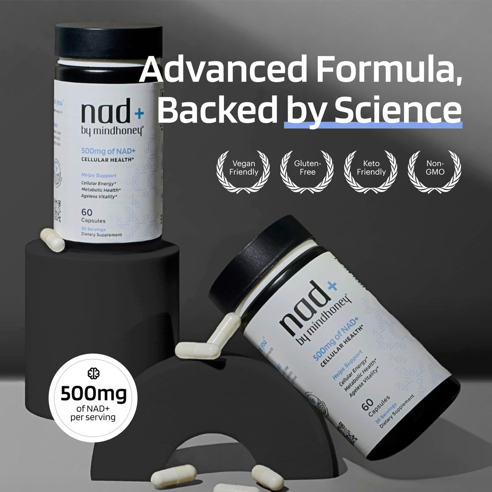 Closeup of NAD+ capsules from MindHONEY for clean energy.