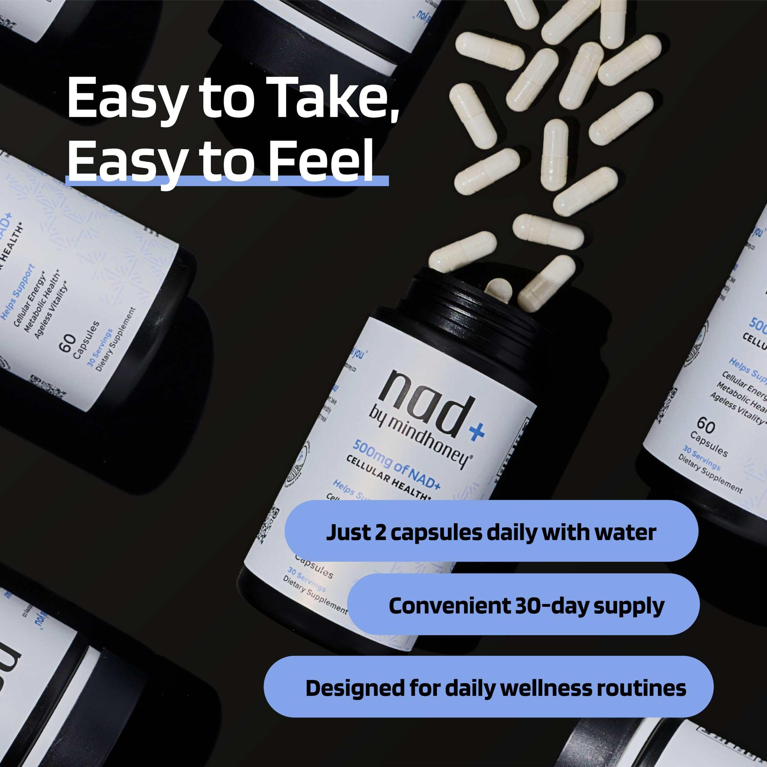 Daily energy table setup featuring MindHONEY NAD+ for sustained stamina.