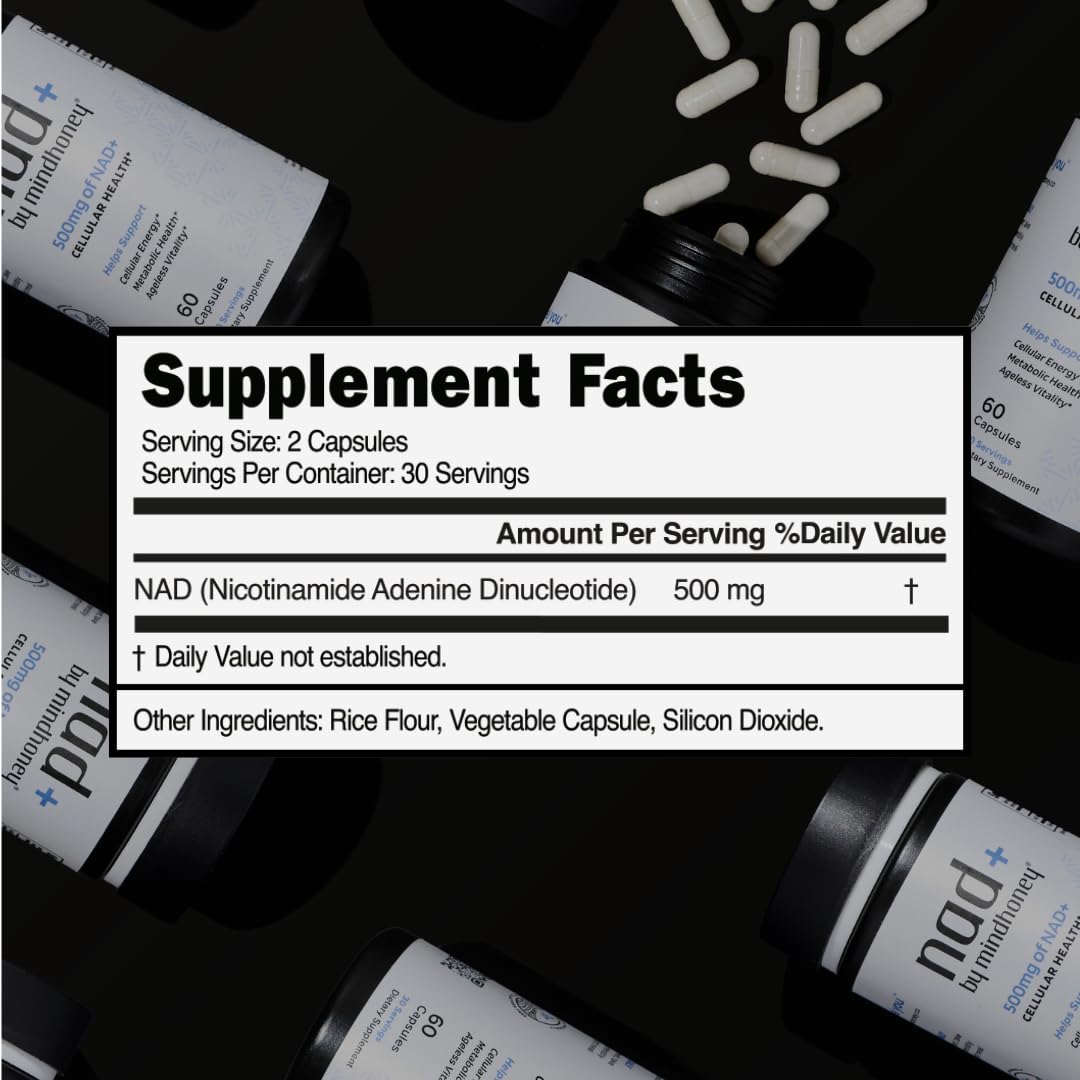 Vegan, non-GMO, gluten-free NAD+ formula by MindHONEY.