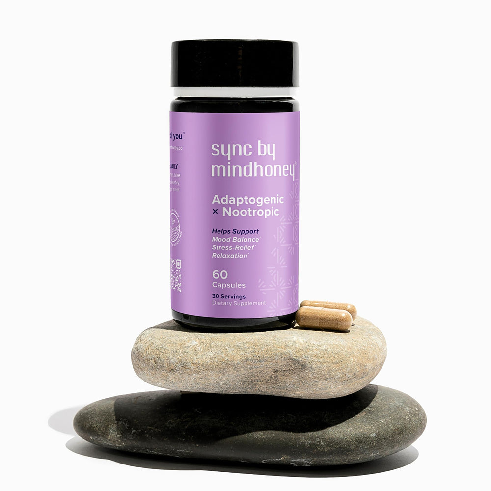 Mindhoney SYNC bottle with glass hints at an unwinding nightly routine