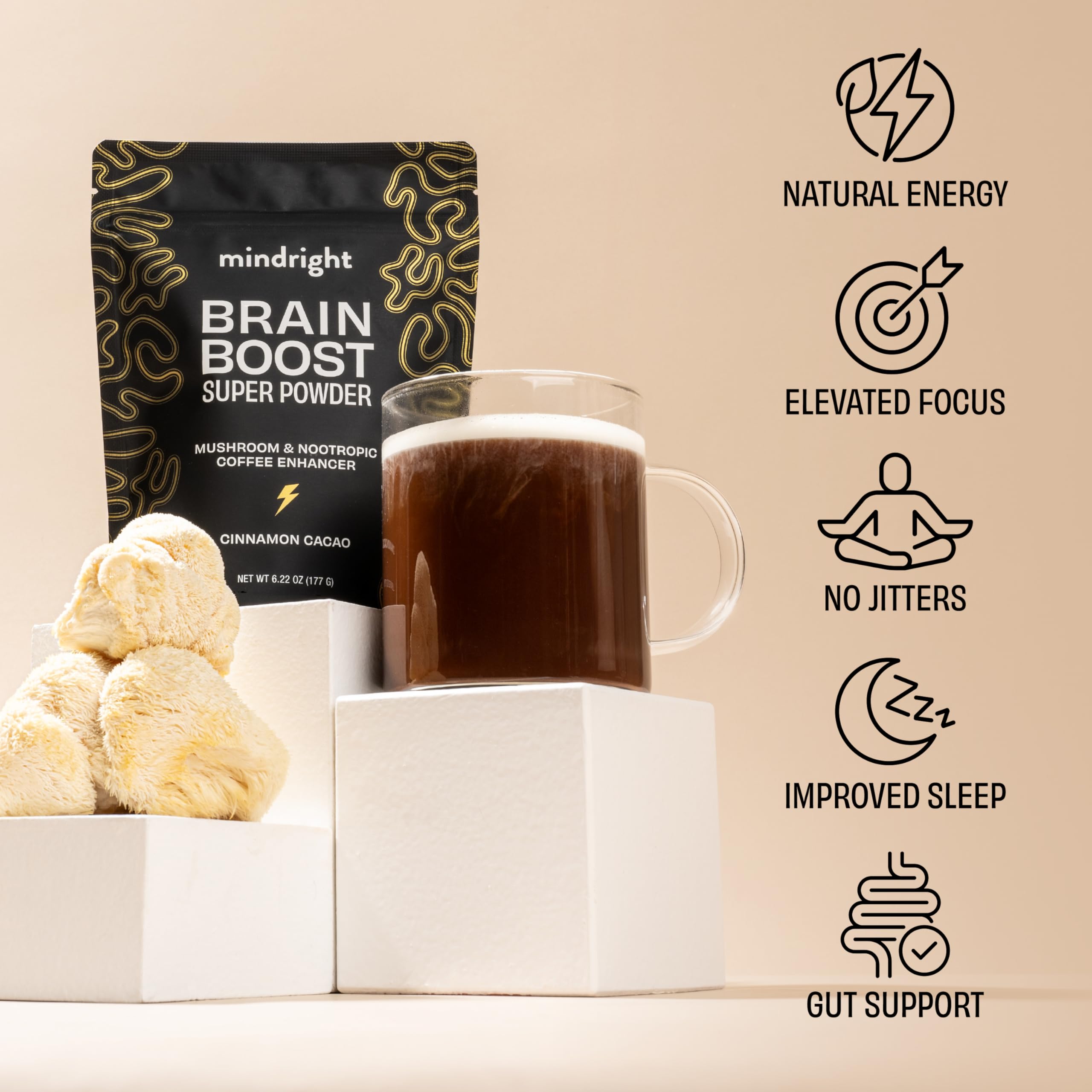 Cup of coffee enhanced with Mindright Brain Boost aroma.