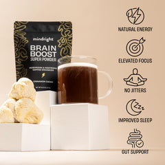 Cup of coffee enhanced with Mindright Brain Boost aroma.