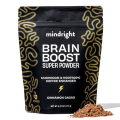 Mindright Brain Boost packaging highlights caffeine-free formula for focus.