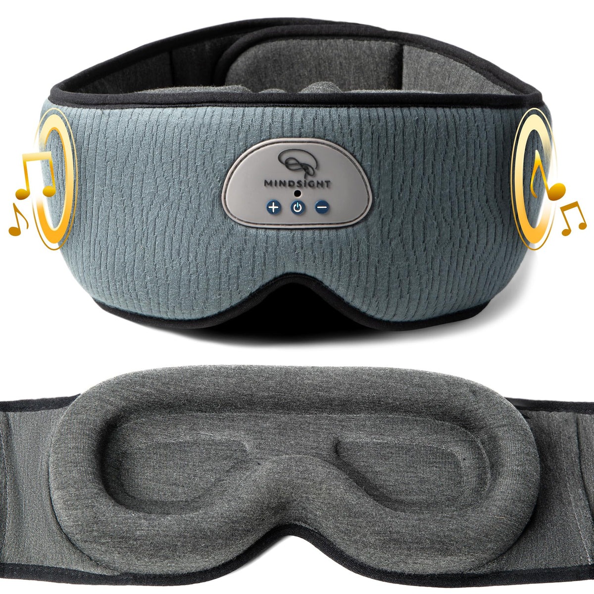 Mindsight DriftBand memory foam sleep mask close-up showcasing comfort and blackout fit.