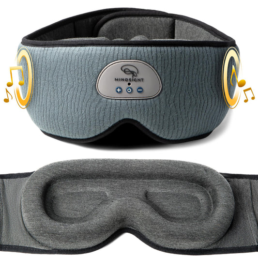 Mindsight DriftBand memory foam sleep mask close-up showcasing comfort and blackout fit.