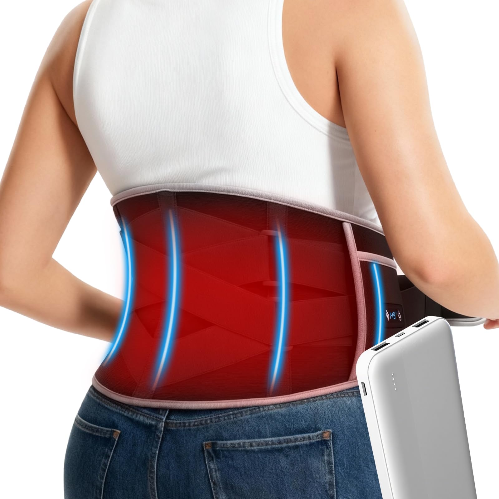 MineeCozee cordless heating pad shown in back health usage with portable warmth.