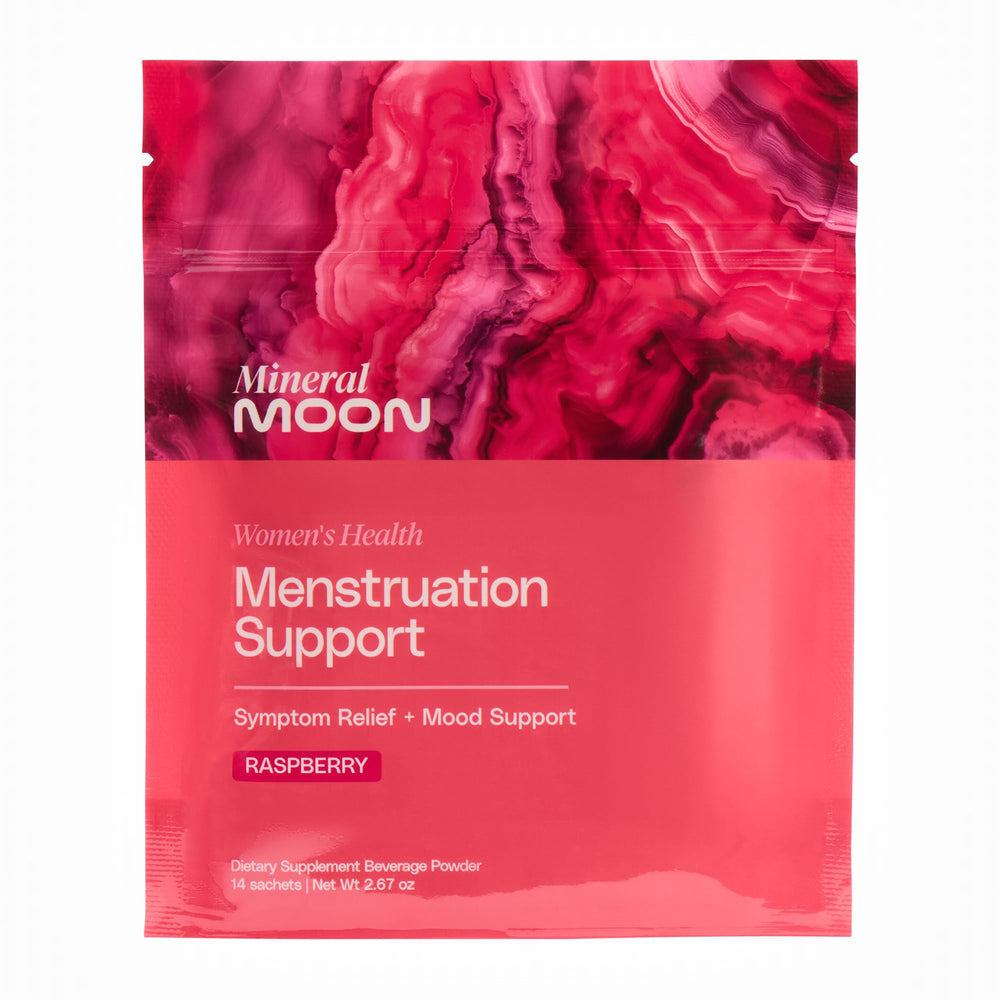 Mineral Moon Premium Menstruation Support raspberry sachets displayed for convenient daily use.