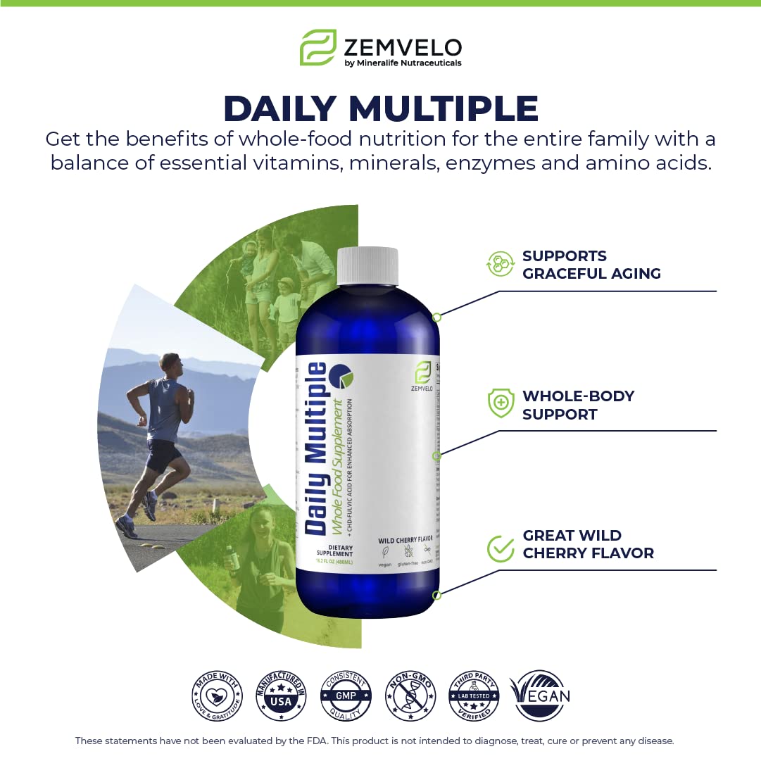 Mineralife Liquid Daily Multiple with wild cherries emphasizes natural flavor and fruit-based nutrition.