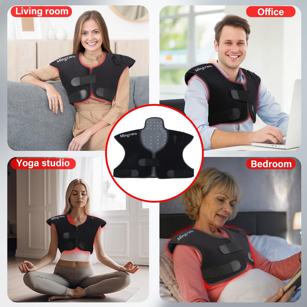 Mingraro adjustable-velcro-fit red light pad adapts to shoulders and upper back