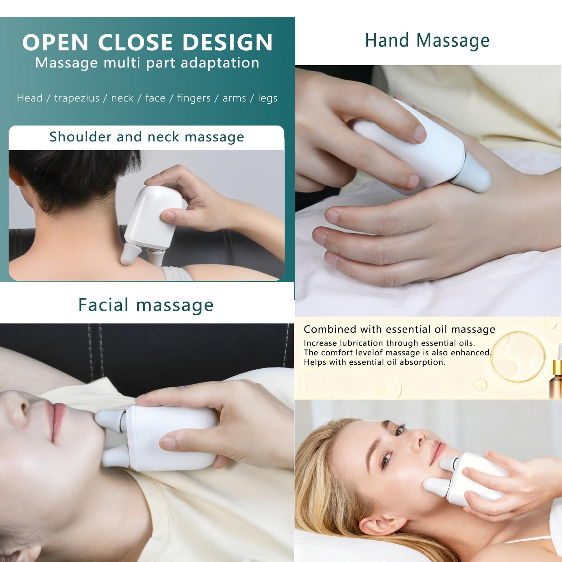Mini Shiatsu Massager four interchangeable silicone heads displayed.