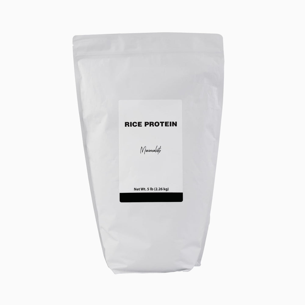 Minimalist Rice Protein bag closeup demonstrates resealable packaging for lasting freshness in smoothies