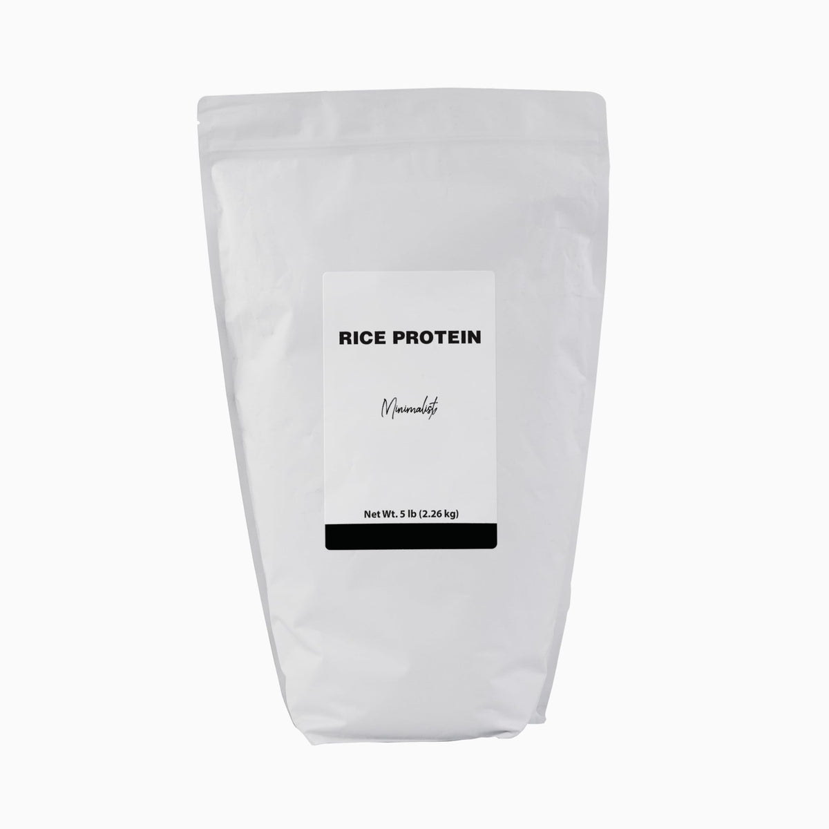Minimalist Rice Protein bag closeup demonstrates resealable packaging for lasting freshness in smoothies