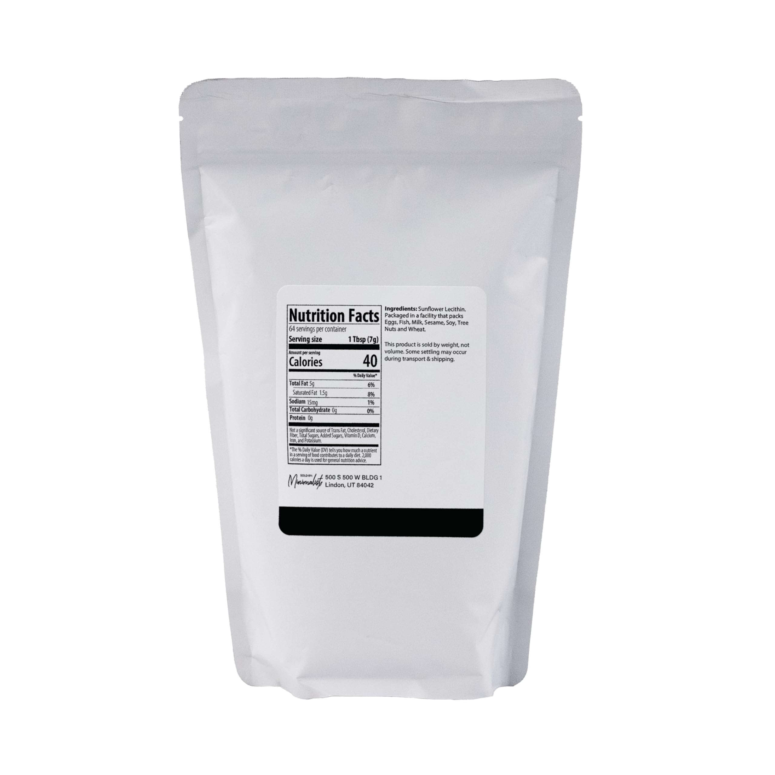 Close-up of the Minimalist Sunflower Lecithin Powder bag showing easy access.