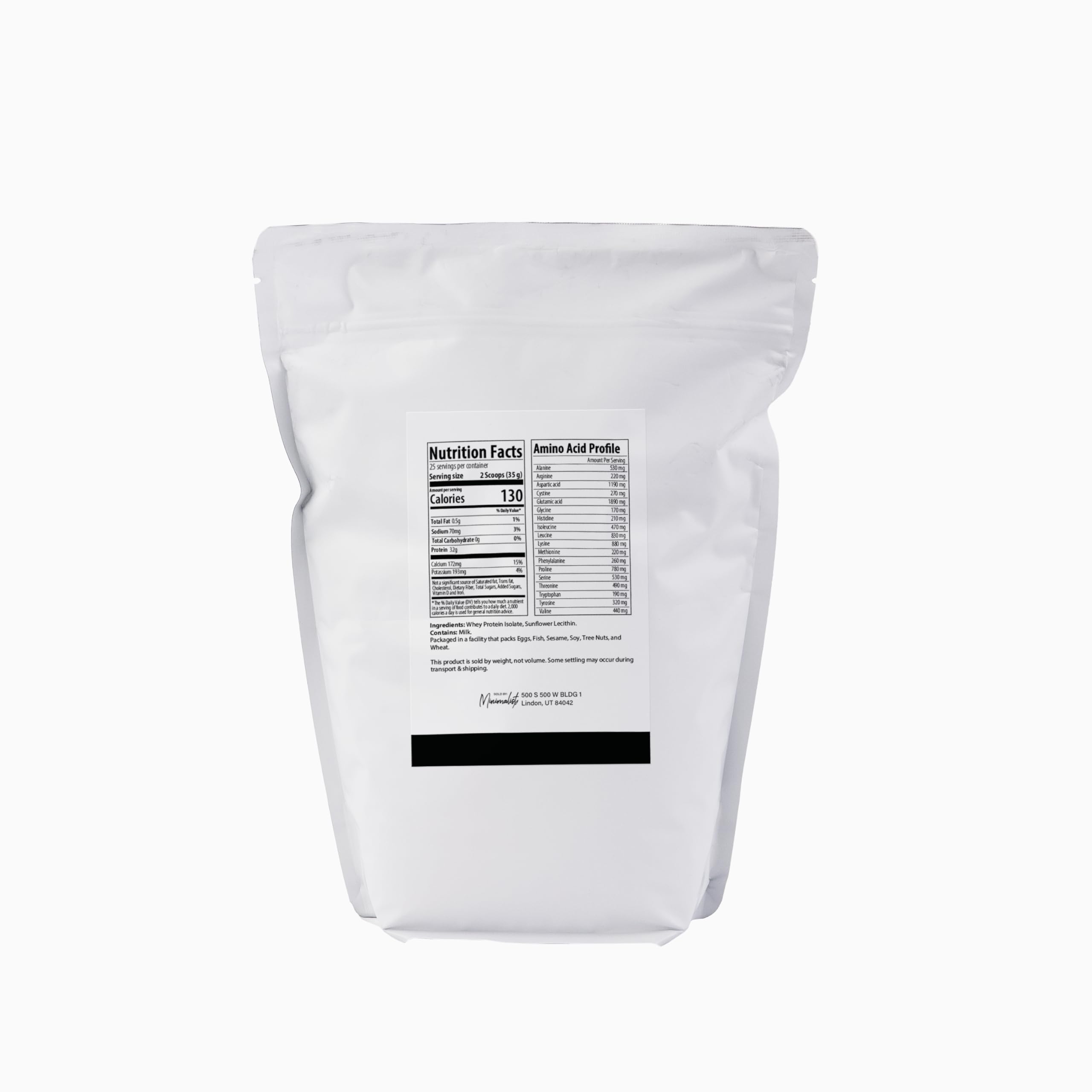 Minimalist Whey Protein Isolate 90 bag seal close-up emphasizes freshness and convenience.