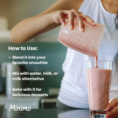 Minimo Nutrition Whey Isolate ingredients panel outlines whey isolate and natural flavors.