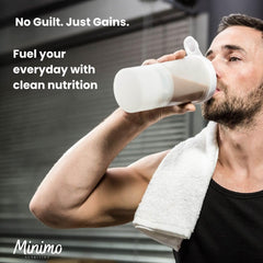 Minimo Nutrition Whey Isolate pour showing quick mix into shakes and oats.