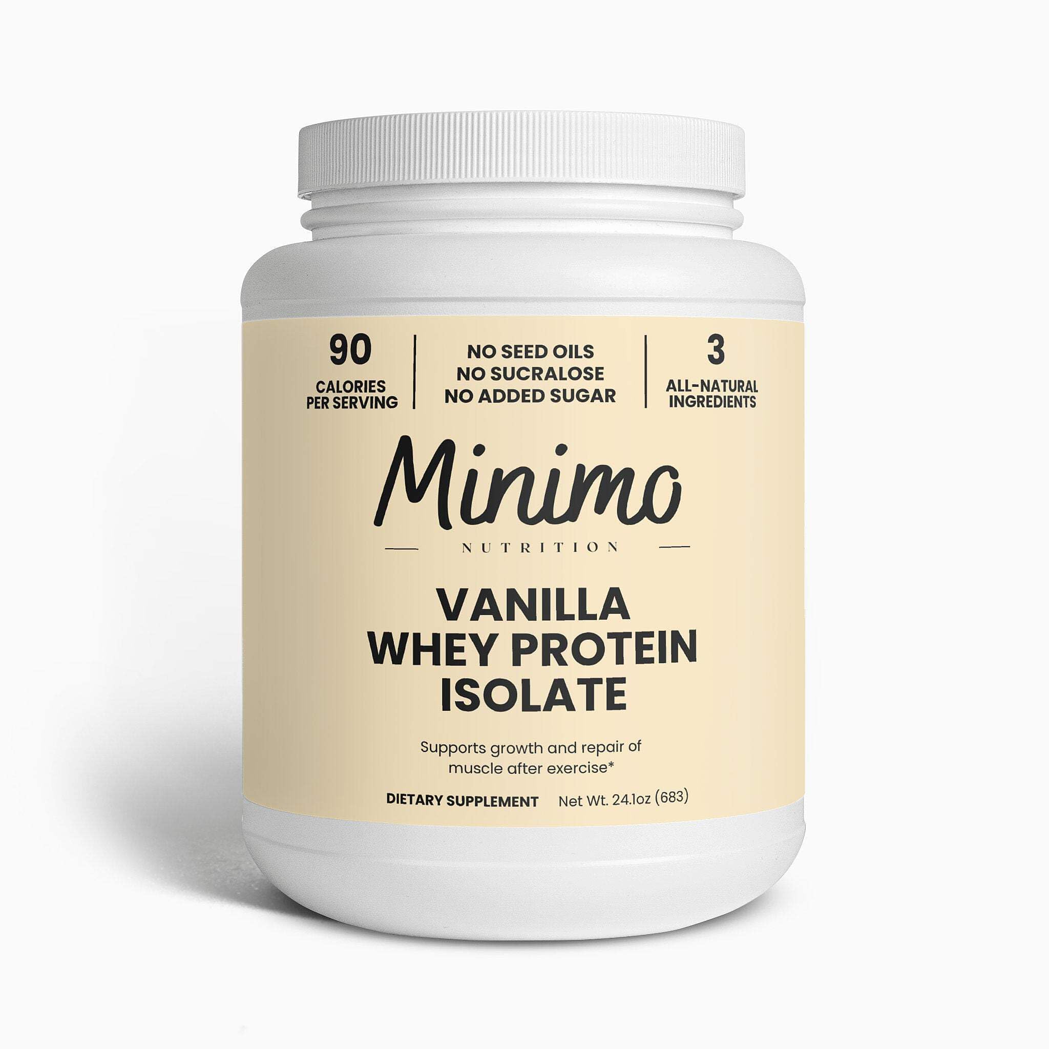 Minimo Nutrition Whey Isolate Vanilla bottle shows clean ingredients for daily protein.