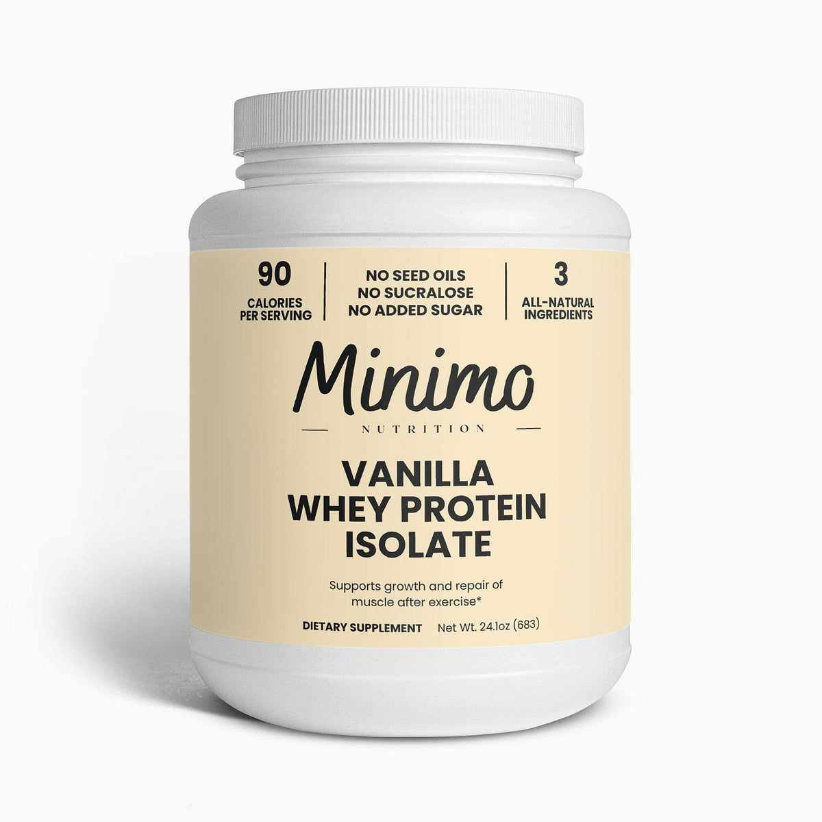 Minimo Nutrition Whey Isolate Vanilla bottle shows clean ingredients for daily protein.