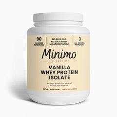 Minimo Nutrition Whey Isolate Vanilla bottle shows clean ingredients for daily protein.