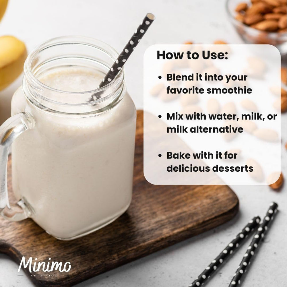 Minimo Nutrition whey protein shake vanilla highlights versatile use in smoothies.