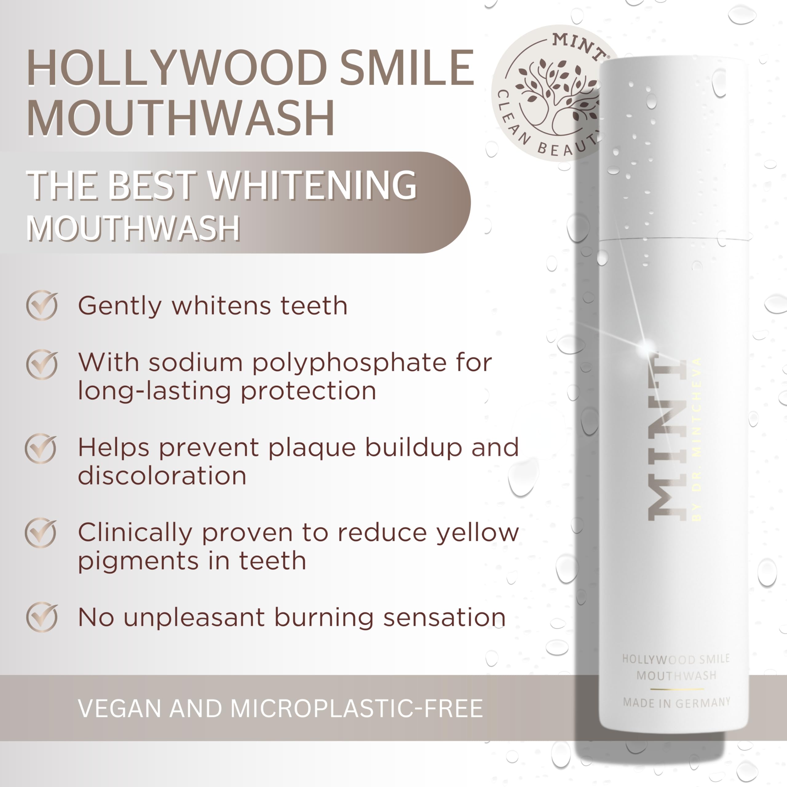 Mint by Dr. Mintcheva 2-phase whitening action emphasizes stain lift and protective care.