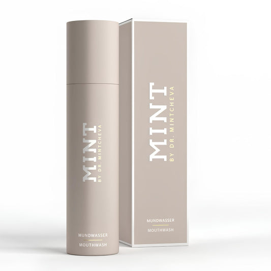 MINT by Dr. Mintcheva mouthwash cap close-up reveals gentle, alcohol-free formula.