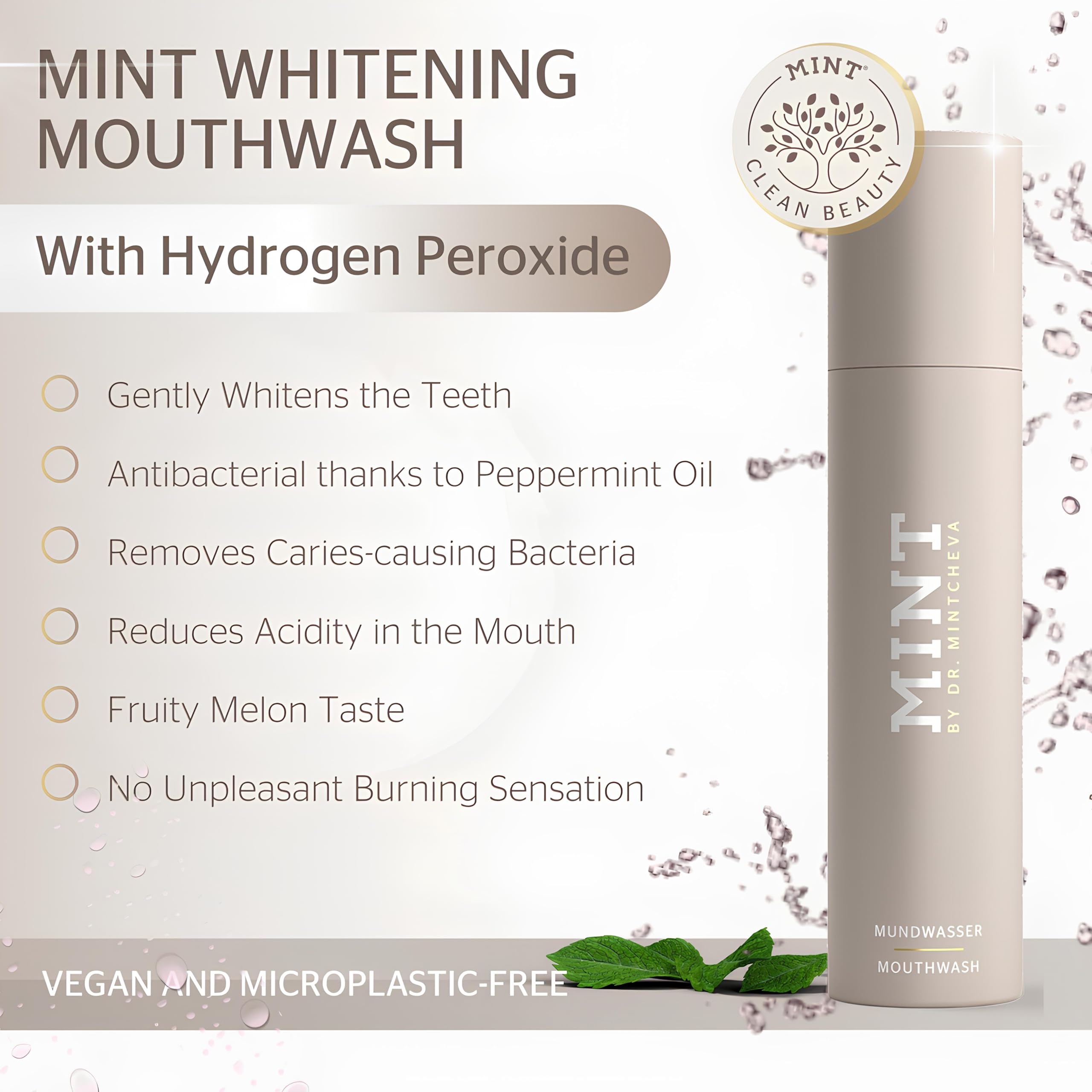 MINT by Dr. Mintcheva mouthwash glass usage shot suggesting fresh breath.