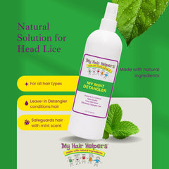 Mint-scented lice prevention spray used on kids' hair before brushing.
