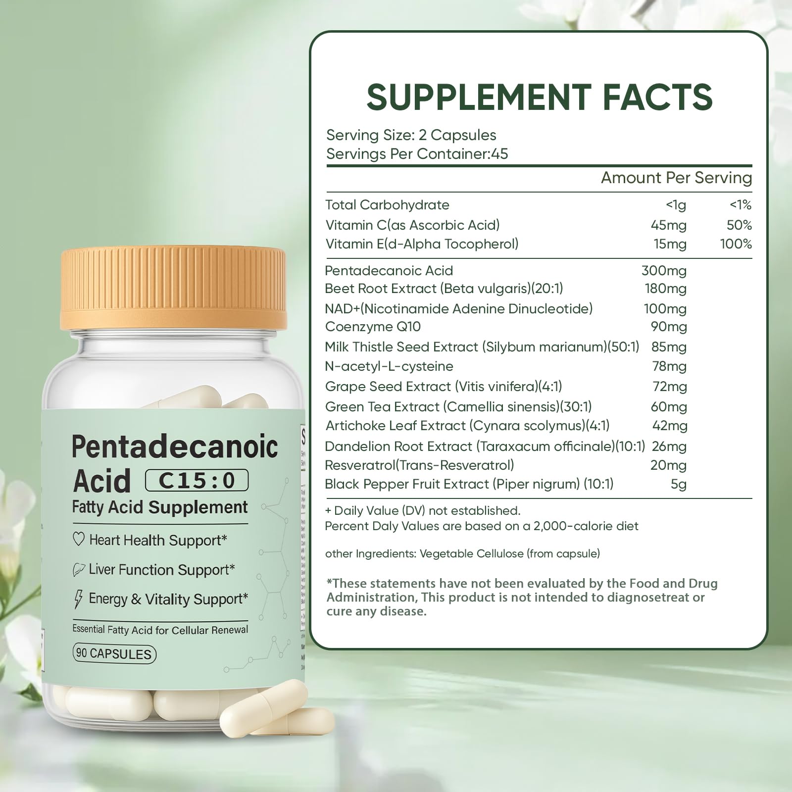 Minyang Pentadecanoic Acid Capsules closeup highlighting vegan, non-GMO formulation.