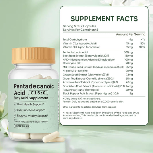 Minyang Pentadecanoic Acid Capsules closeup highlighting vegan, non-GMO formulation.