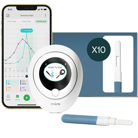 Mira Plus fertility monitor display showing LH and E3G readings for at-home tracking