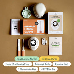 Mira menopause test kit box and components ready for home testing.