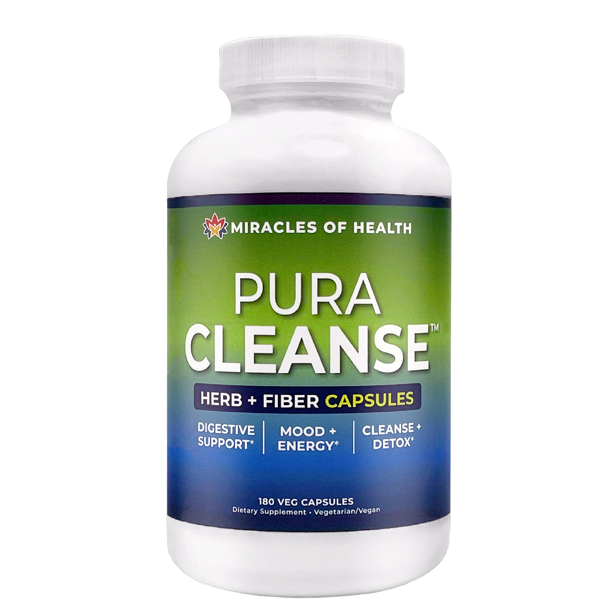 Miracles of Health Pura Cleanse bottle showing a natural detox blend for daily digestion