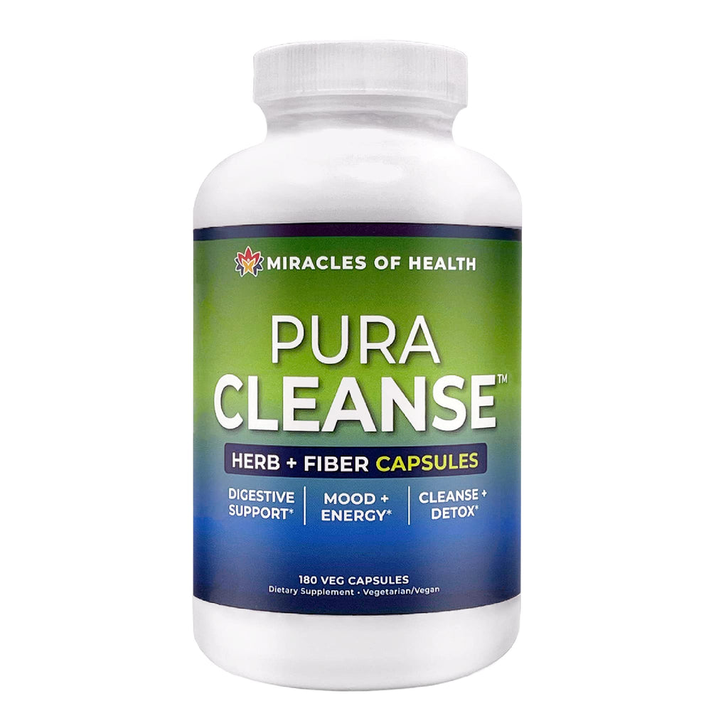 Miracles of Health Pura Cleanse bottle showing a natural detox blend for daily digestion