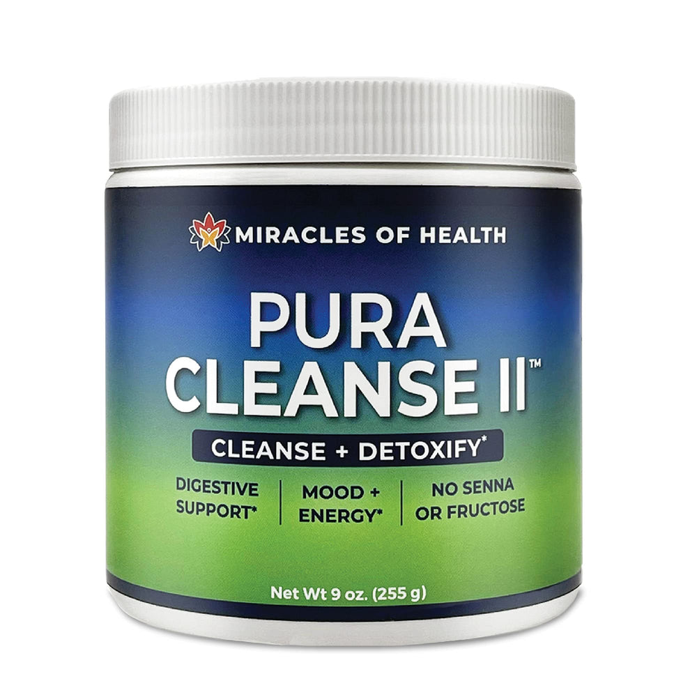 Miracles of Health Pura Cleanse II bottle on shelf highlighting a sugar-free detox option.
