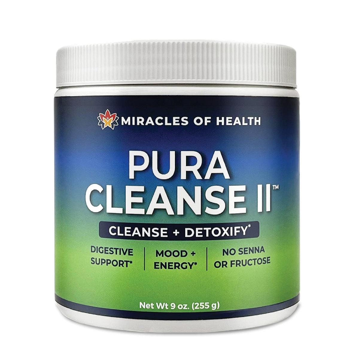 Miracles of Health Pura Cleanse II bottle on shelf highlighting a sugar-free detox option.