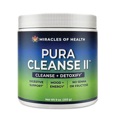 Miracles of Health Pura Cleanse II bottle on shelf highlighting a sugar-free detox option.