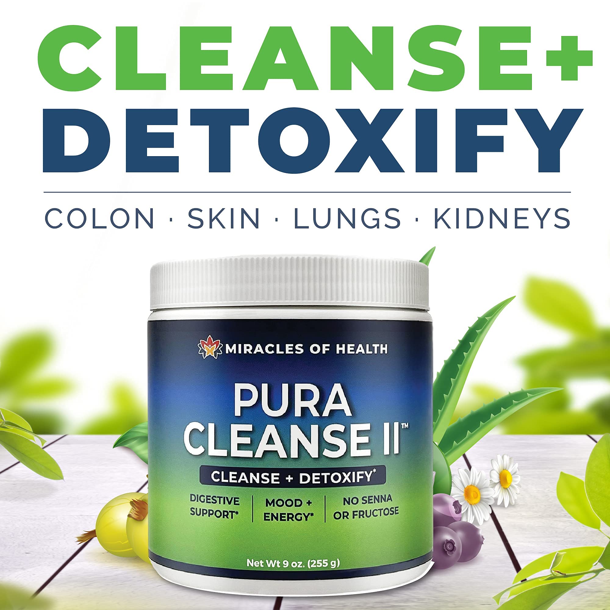 Close-up of Miracles of Health Pura Cleanse II label showing the 34-herb blend.