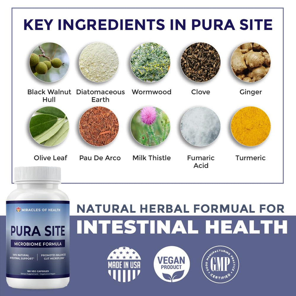 Miracles of Health Pura Site capsules close-up highlighting a vegetarian health formula.
