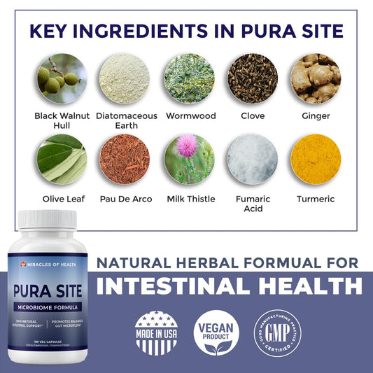 Miracles of Health Pura Site capsules close-up highlighting a vegetarian health formula.