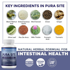 Miracles of Health Pura Site capsules close-up highlighting a vegetarian health formula.