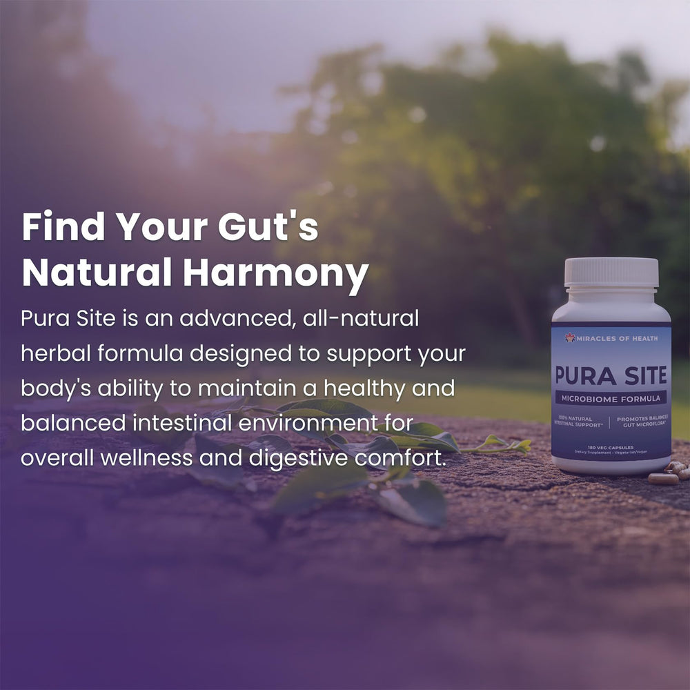 Miracles of Health Pura Site ingredients blend highlights natural herbs for digestion.