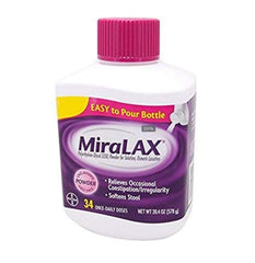 MiraLAX bottle with unflavored grit-free powder for gentle relief.